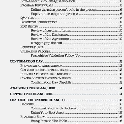 Franchise Sales Process Table of Contents