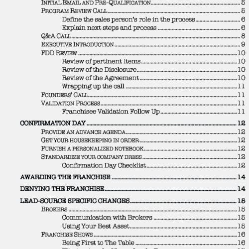 Franchise Sales Process Table of Contents